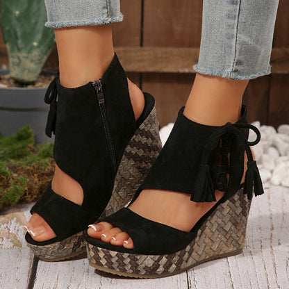 Momount kile-sandaler dame – vævet ruskind med sløjfe og høj platform i boho-stil