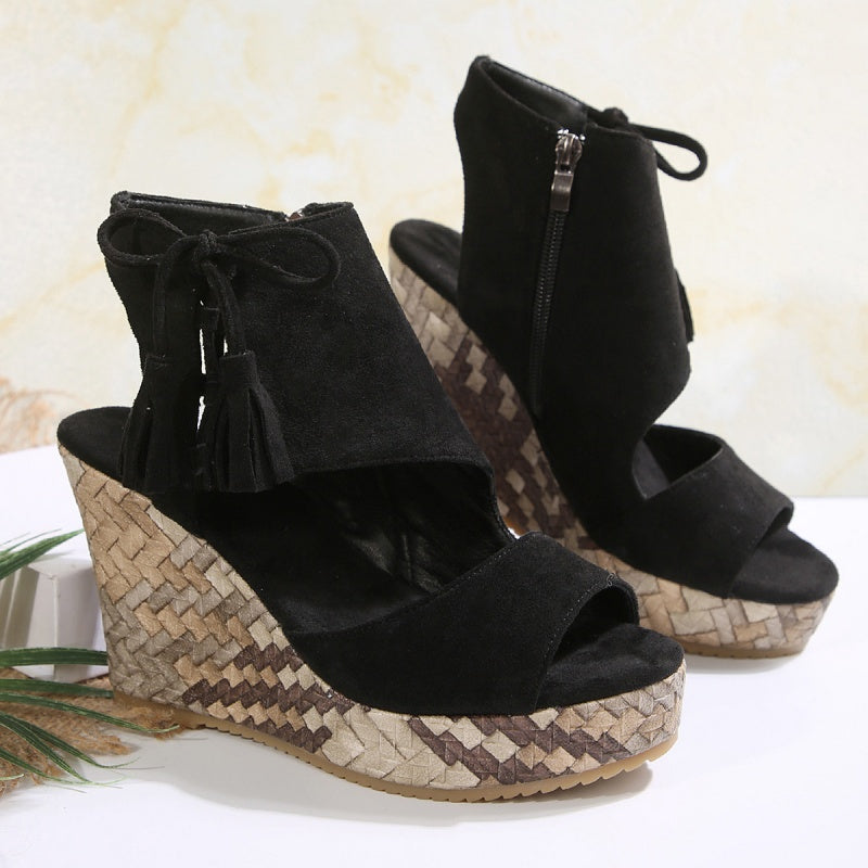 Momount kile-sandaler dame – vævet ruskind med sløjfe og høj platform i boho-stil