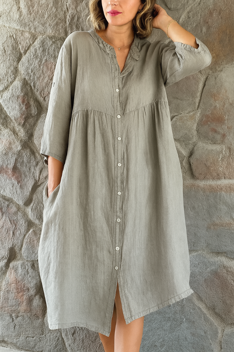 Momount skjortekjole til damer i bomuld og hør – V-hals og 3/4-ærme i afslappet snit