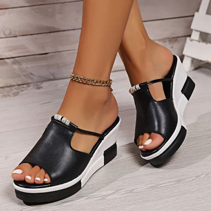 Momount Dame Sandaler med Kile – Læder T-Spænde Udskæring Åben Tå Plateau Slide