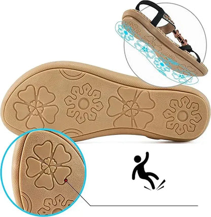 Momount slingback-sandaler dame – petroleumsblå boho med perler, rhinsten og flad sål