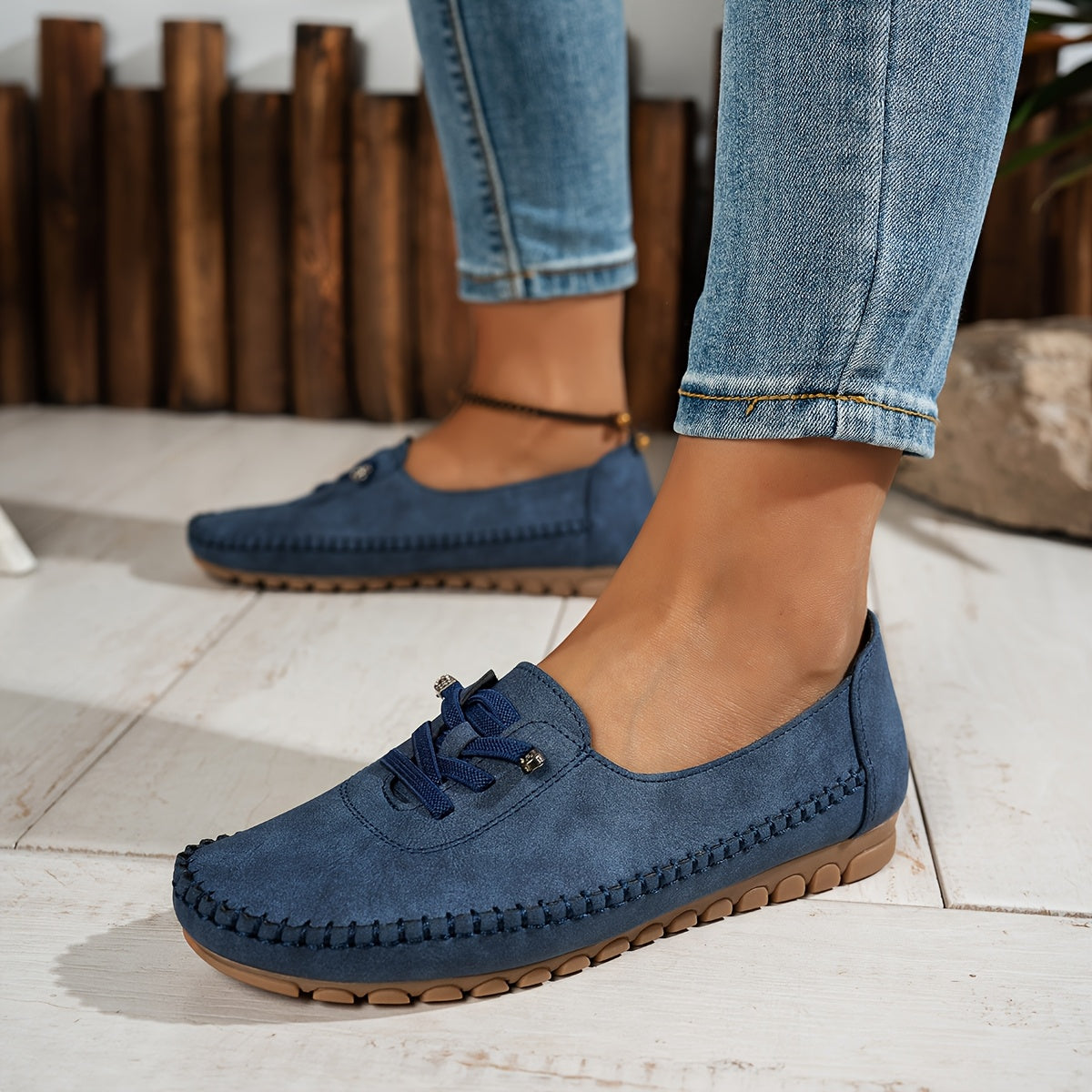Momount Dame Mokkasinloafers – Ruskind Håndsyet Slip-On Elastik Komfort