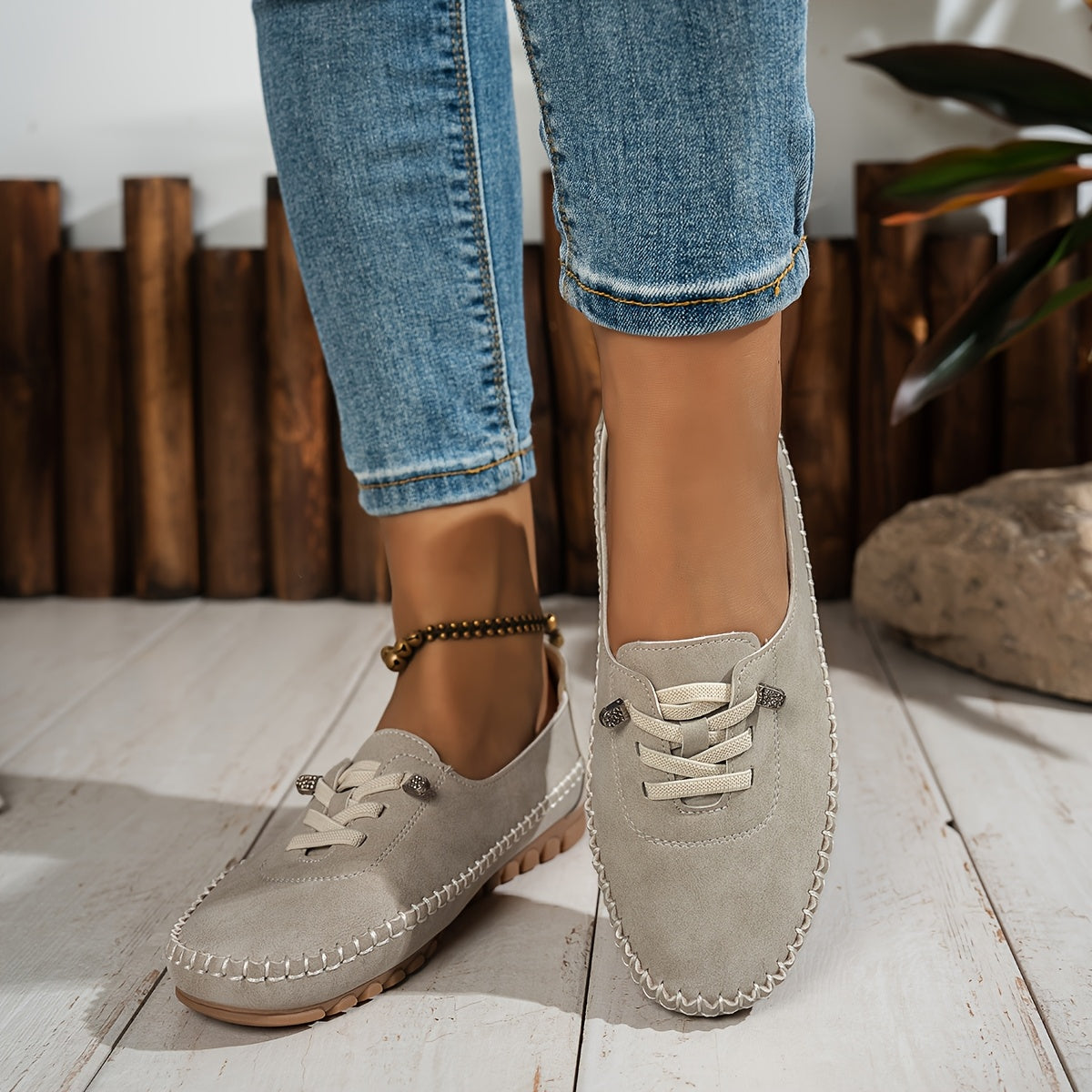 Momount Dame Mokkasinloafers – Ruskind Håndsyet Slip-On Elastik Komfort