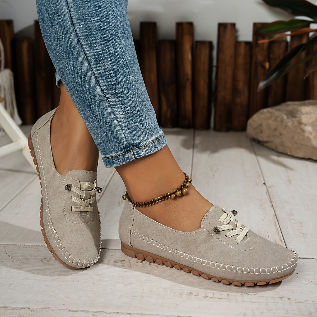 Momount Dame Mokkasinloafers – Ruskind Håndsyet Slip-On Elastik Komfort