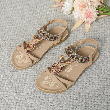 Momount slingback-sandaler dame – petroleumsblå boho med perler, rhinsten og flad sål