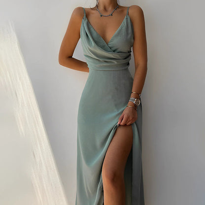 Sommerkjole Evangelia – Elegant satin slå om-maxikjole til fest