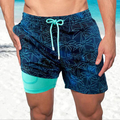 Herrebadeshorts med palmeprint – Kompressionsforing og hurtigtørrende