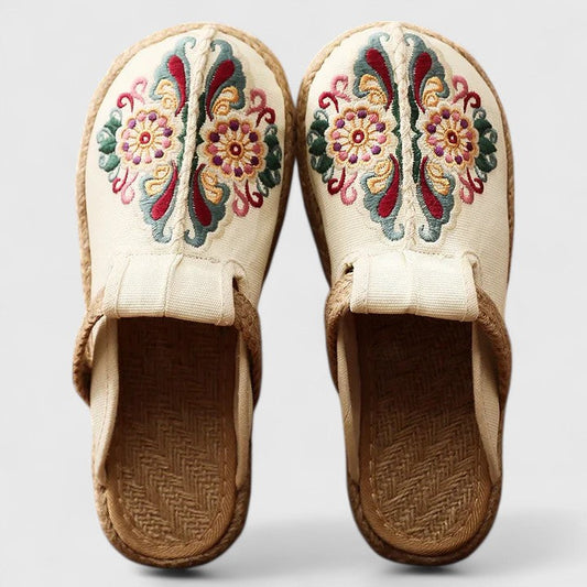 Momount Dame Broderede Mules – Blomstret Lærred Jute-Sål Slip-On Lukket Tå