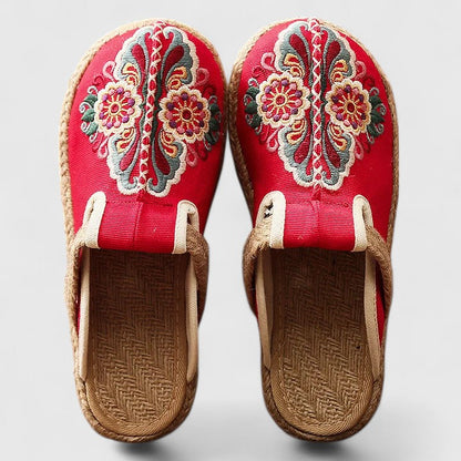 Momount Dame Broderede Mules – Blomstret Lærred Jute-Sål Slip-On Lukket Tå