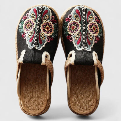 Momount Dame Broderede Mules – Blomstret Lærred Jute-Sål Slip-On Lukket Tå