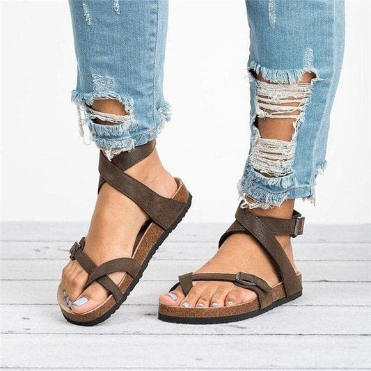 Momount Women Flat Sandals – Leather Crisscross Cork Footbed Buckle