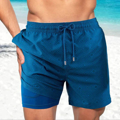 Herrebadeshorts med palmeprint – Kompressionsforing og hurtigtørrende