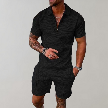 Momount Men Two Piece Set – Half Zip Polo Shorts Jacquard Summer