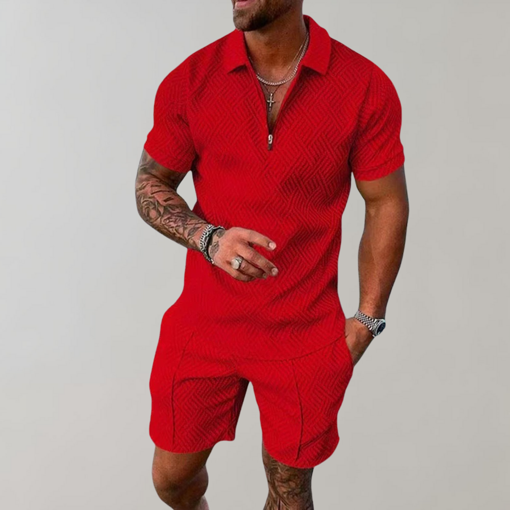 Momount Men Two Piece Set – Half Zip Polo Shorts Jacquard Summer