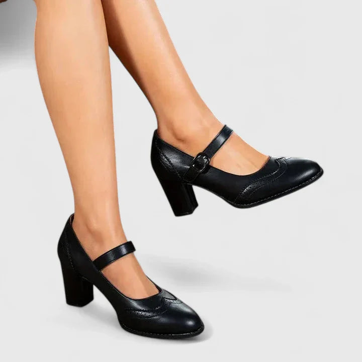 Momount Dame Mary Jane Pumps med Blokhæl – Læder Brogue Rund Tå Spænde