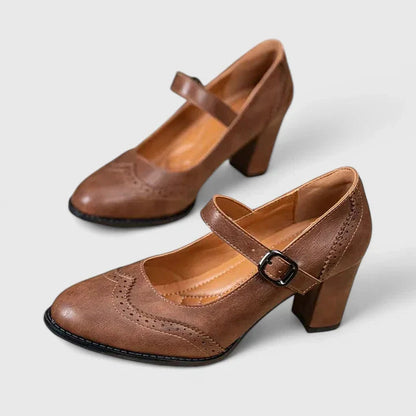 Momount Dame Mary Jane Pumps med Blokhæl – Læder Brogue Rund Tå Spænde