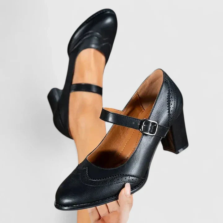 Momount Dame Mary Jane Pumps med Blokhæl – Læder Brogue Rund Tå Spænde
