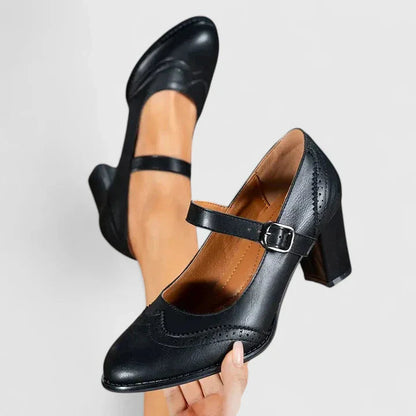 Momount Dame Mary Jane Pumps med Blokhæl – Læder Brogue Rund Tå Spænde