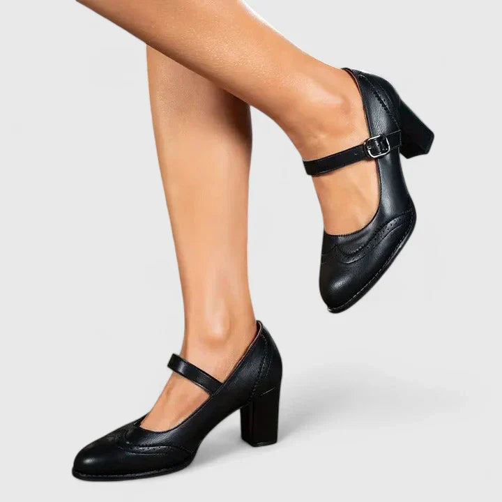 Momount Dame Mary Jane Pumps med Blokhæl – Læder Brogue Rund Tå Spænde