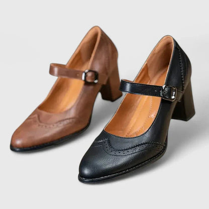 Momount Dame Mary Jane Pumps med Blokhæl – Læder Brogue Rund Tå Spænde