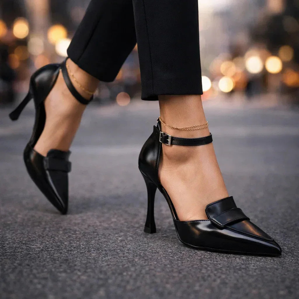 Momount Dame Stiletter – Læder Spids Tå Ankelrem Slingback