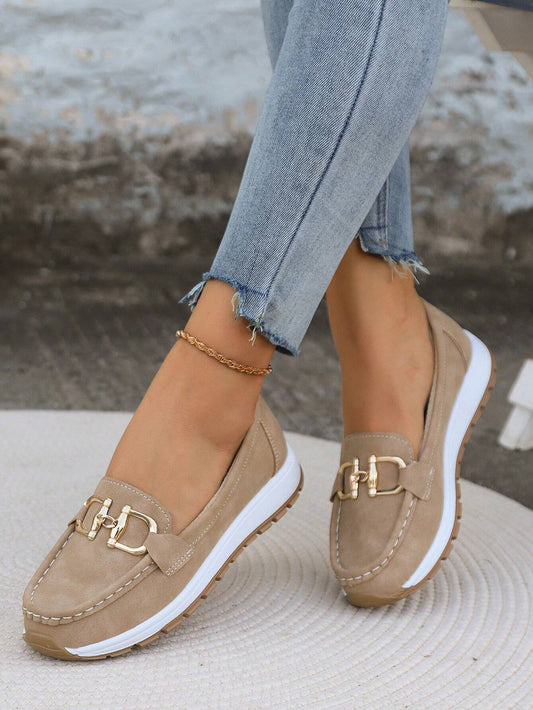 Momount Dame Ruskindsloafers – Gylden Horsebit Plateau Slip-On Komfort