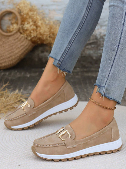 Momount Dame Ruskindsloafers – Gylden Horsebit Plateau Slip-On Komfort