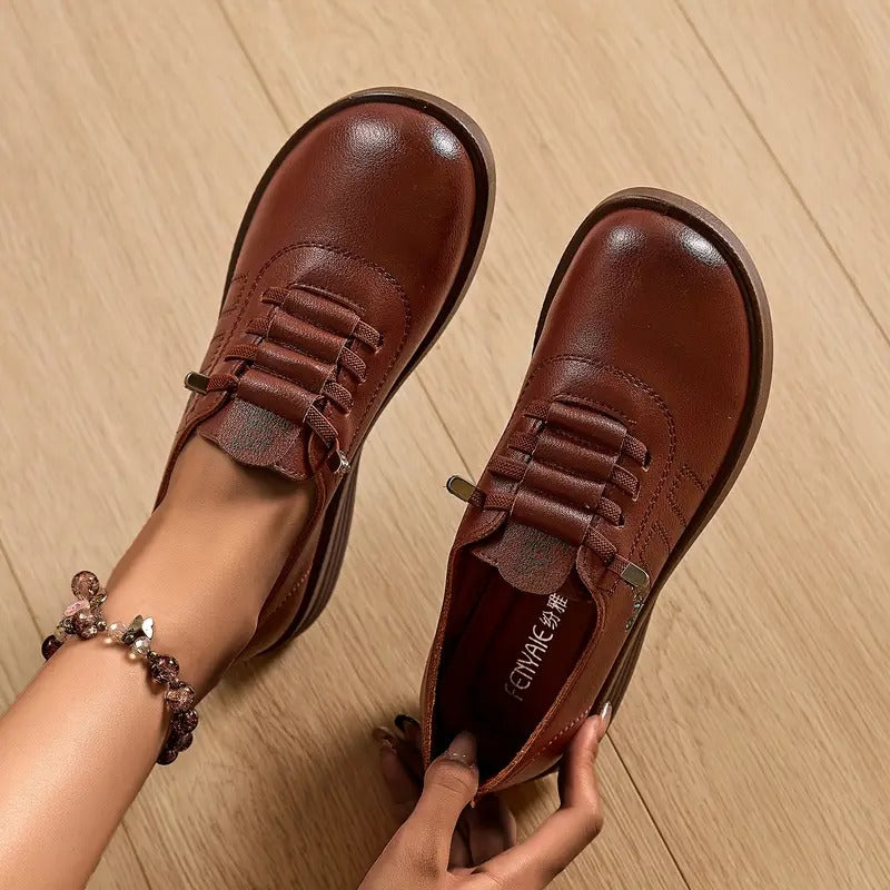 Momount Dame Snørede Loafers – Læder Rund Tå Flatform Komfort Casual
