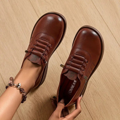 Momount Dame Snørede Loafers – Læder Rund Tå Flatform Komfort Casual