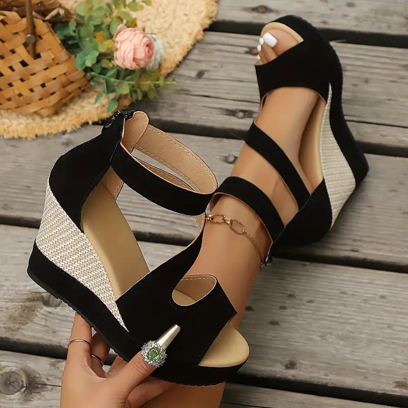 Momount Dame Sandaler Espadriller med Kile – Ruskind Jute Plateau Ankelstrop Åben Tå