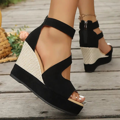 Momount Dame Sandaler Espadriller med Kile – Ruskind Jute Plateau Ankelstrop Åben Tå