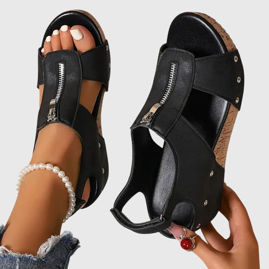 Momount Dame Kilesandaler med Kork – Læder Frontlynlås Nittedetaljer Peep-Toe
