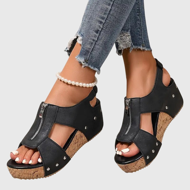 Momount Dame Kilesandaler med Kork – Læder Frontlynlås Nittedetaljer Peep-Toe