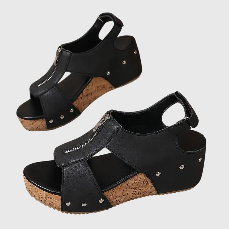Momount Dame Kilesandaler med Kork – Læder Frontlynlås Nittedetaljer Peep-Toe