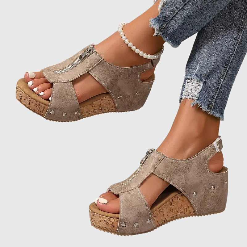 Momount Dame Kilesandaler med Kork – Læder Frontlynlås Nittedetaljer Peep-Toe