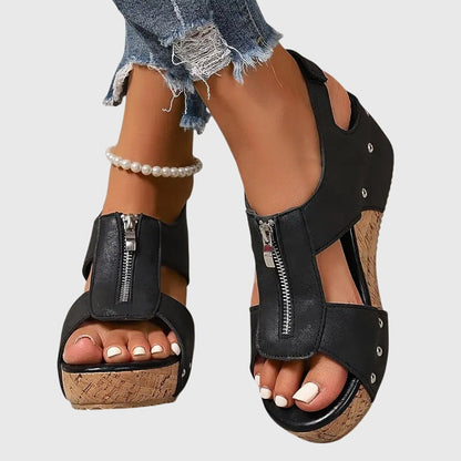 Momount Dame Kilesandaler med Kork – Læder Frontlynlås Nittedetaljer Peep-Toe