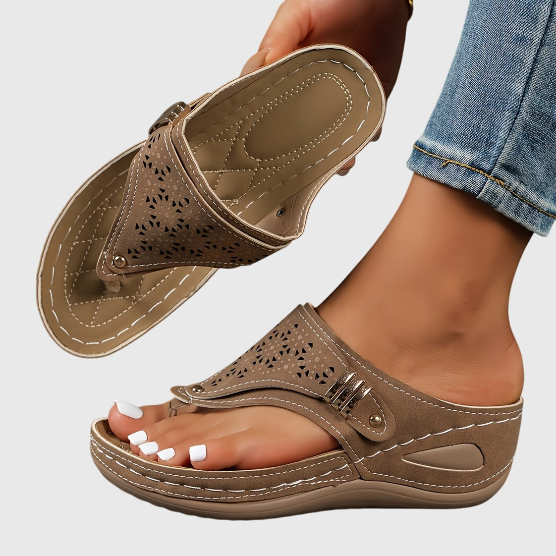 Momount Dame Kilesandaler med Tårem – Læder Laserskåret Slip-On Lav Hæl