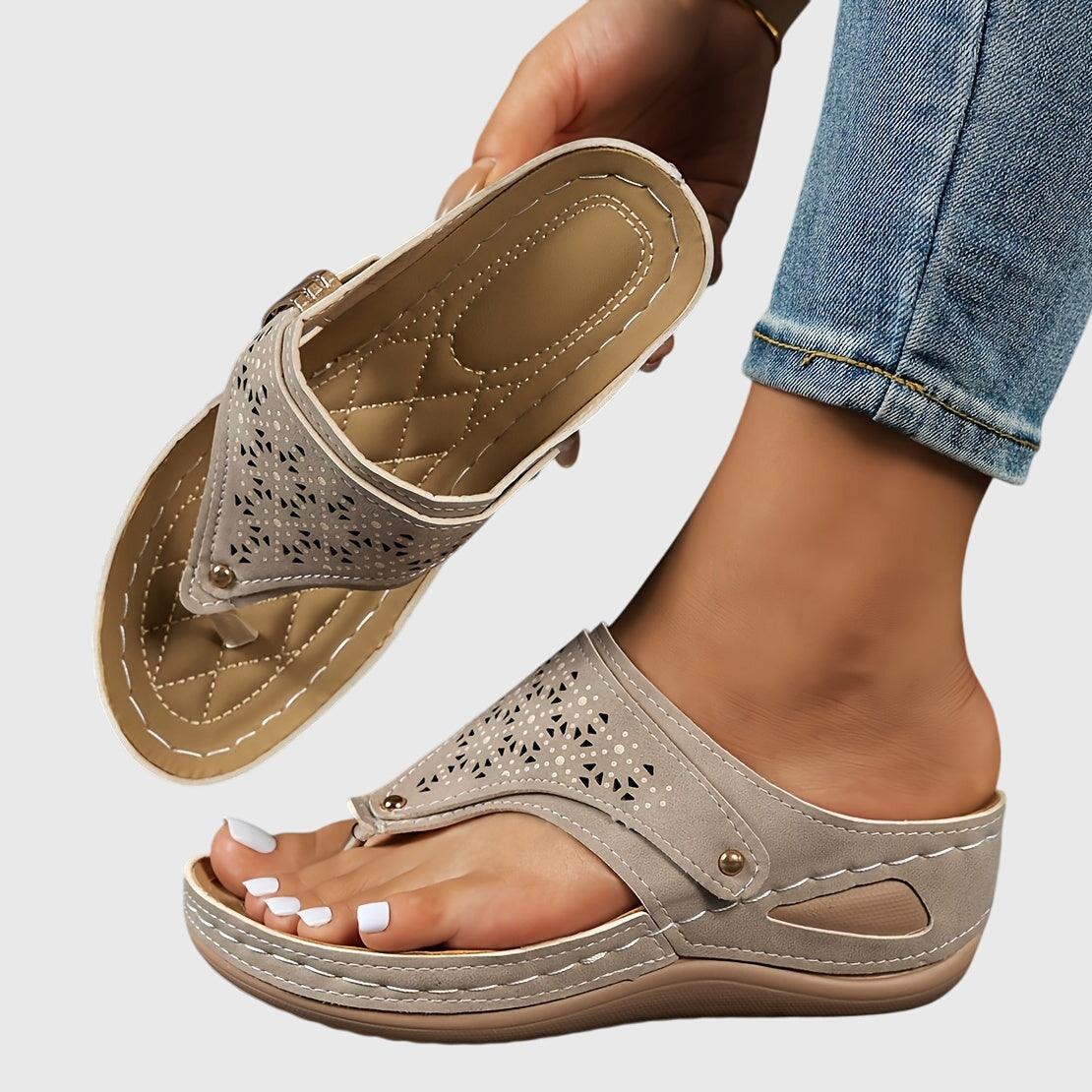 Momount Dame Kilesandaler med Tårem – Læder Laserskåret Slip-On Lav Hæl