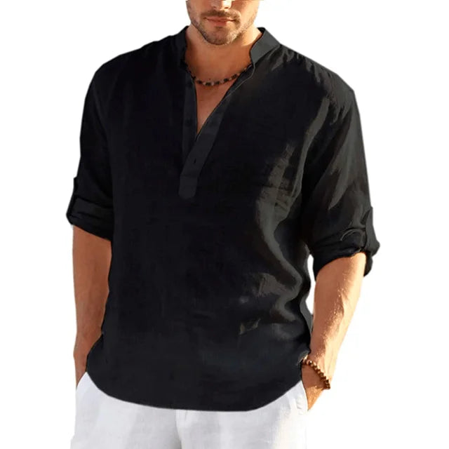 Momount Men Linen Henley Shirt – Long Sleeve Roll Tab Sleeve Casual