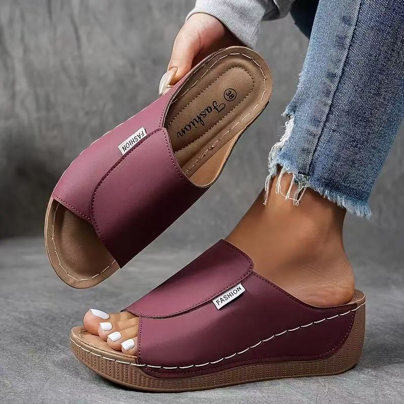 Momount platform kile-sandaler dame – brun læder med åben tå og mule-design