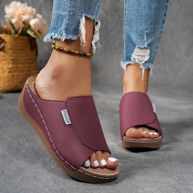 Momount platform kile-sandaler dame – brun læder med åben tå og mule-design