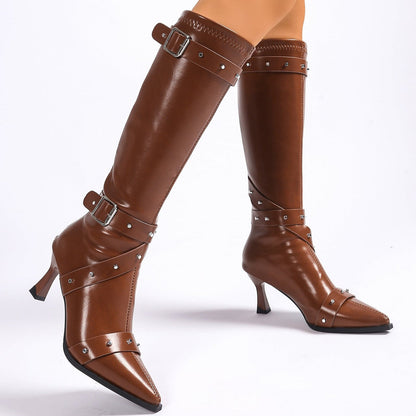 Women's Knee High Boots – Kitten Heel Pointed Toe Buckle Straps