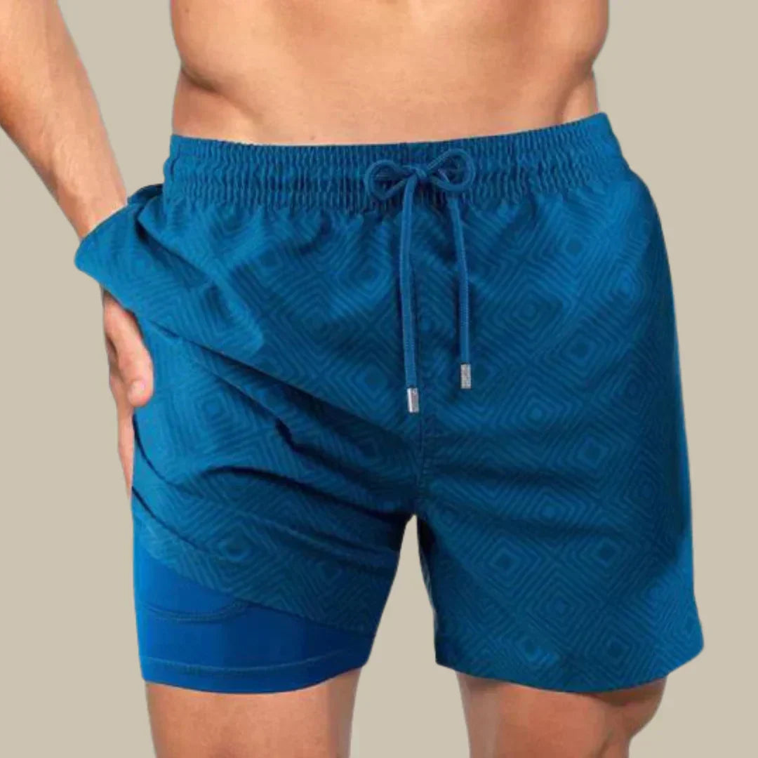 Momount herrebadeshorts – tropisk bladprint, telefonlomme og mesh-foer