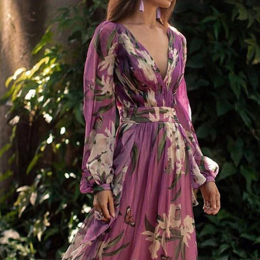 Sommerkjole Marciana – Bohem chiffon slå om-maxikjole med blomster