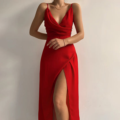 Sommerkjole Evangelia – Elegant satin slå om-maxikjole til fest