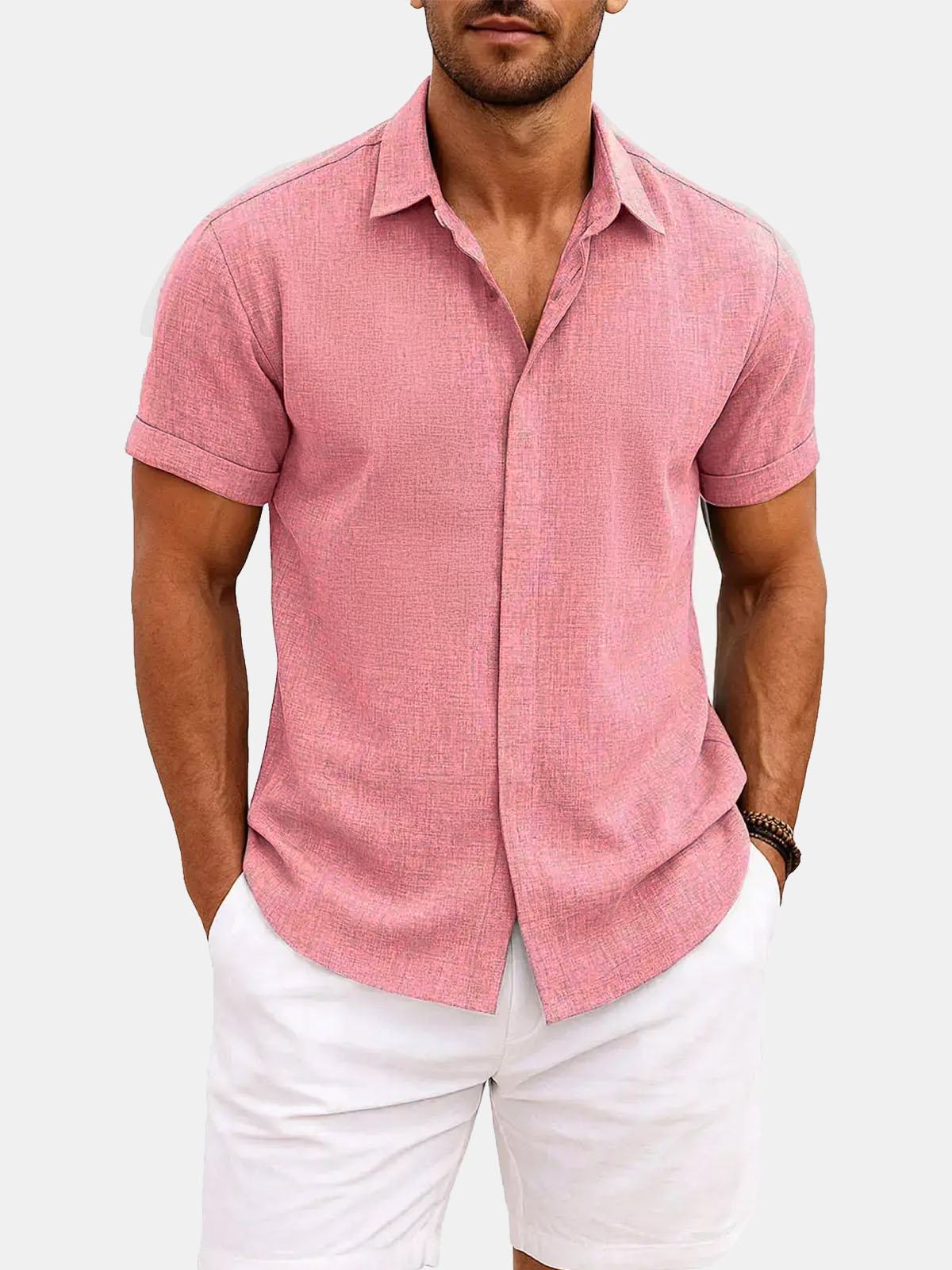 Momount Men Linen Shirt – Short Sleeve Turn Down Collar Cotton Blend Casual