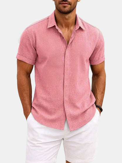 Momount Men Linen Shirt – Short Sleeve Turn Down Collar Cotton Blend Casual