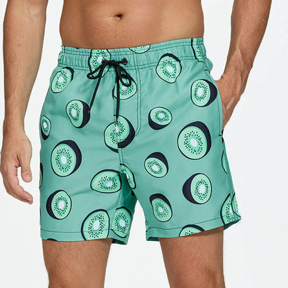 Herrebadeshorts med kiwi-print – Hurtigtørrende og afslappet snit