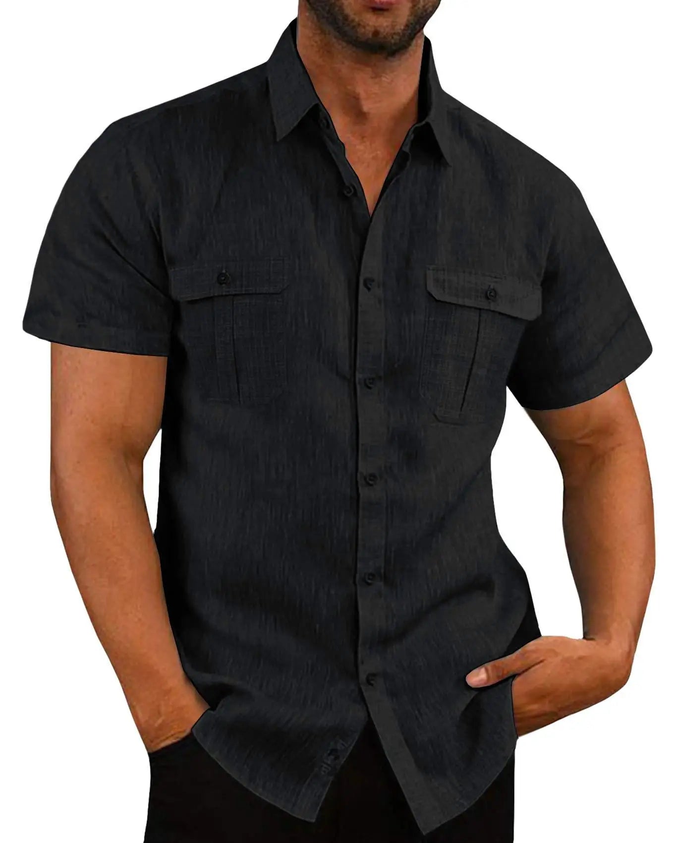 Momount Men Linen Shirt – Short Sleeve Double Chest Pocket Utility Casual