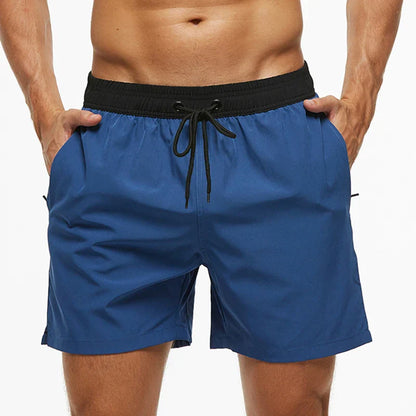 Blå herrebadeshorts – Mesh-foer, sidelommer og elastisk linning